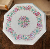 White Marble Coffee Table with Pink Mother of Pearl Inlay – Floral Pietra Dura Art – Handmade Luxury Accent Table for Living Room Décor Unique Handicrafts IND